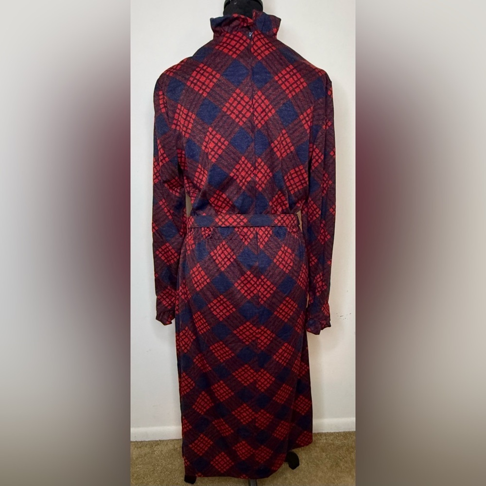 Vintage 70’s Red & Blue tartan plaid long sleeve midi dress belt, pockets 14 - Picture 6 of 9